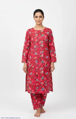 2 Pcs Women's Unstitched 3-D Block Printed Suit