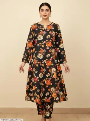 2 Pcs Women's Unstitched 3-D Block Printed Suit