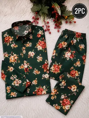 2 Pcs Women's Unstitched 3-D Block Printed Suit