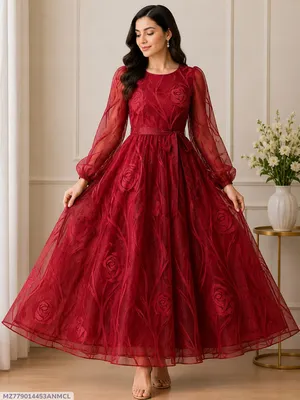 Red Embroidered Gown After Wash Soft Arganza Net