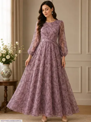 Purple 3-D Block Printed Organza Gown Dress for Women