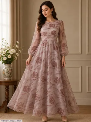 Pakistani Floral Embroidered Gown Dress Brown 2M Organza