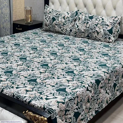 3 Pcs Crystal Cotton Printed Double Bedsheet