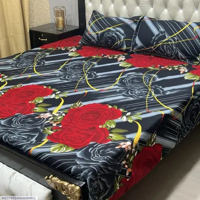 3 Pcs Crystal Cotton Printed Double Bedsheet
