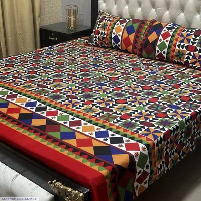 3 Pcs Crystal Cotton Printed Double Bedsheet