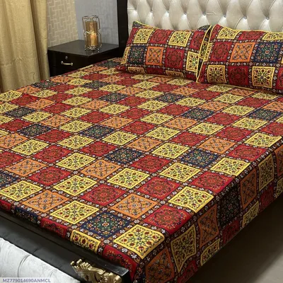 3 Pcs Crystal Cotton Printed Double Bedsheet