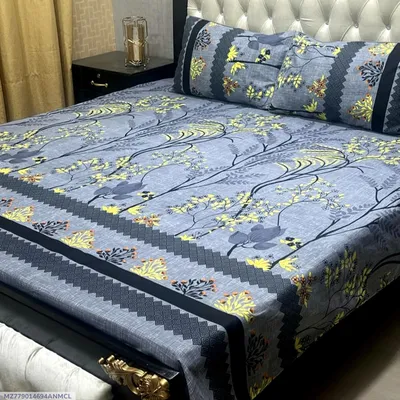 3 Pcs Crystal Cotton Printed Double Bedsheet