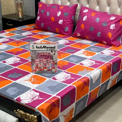 3 Pcs Crystal Cotton Printed Double Bedsheet