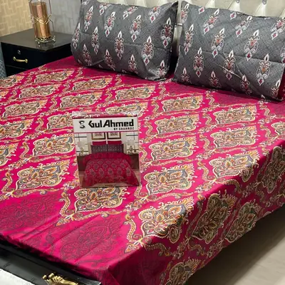 3 Pcs Crystal Cotton Printed Double Bedsheet