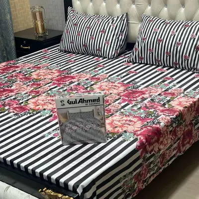 3 Pcs Crystal Cotton Printed Double Bedsheet