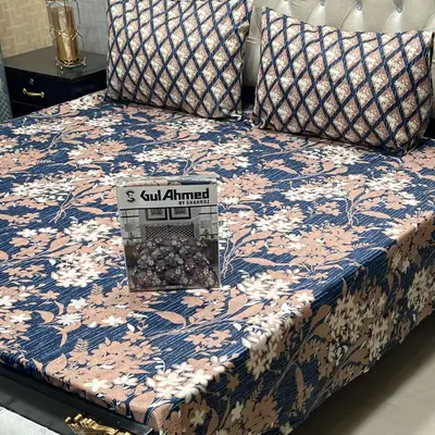3 Pcs Crystal Cotton Printed Double Bedsheet