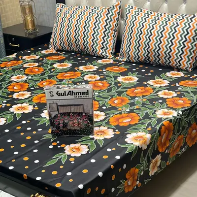 3 Pcs Cotton Printed Double Bedsheet