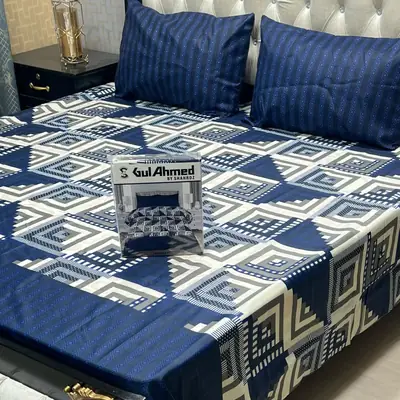3 Pcs Cotton Printed Double Bedsheet