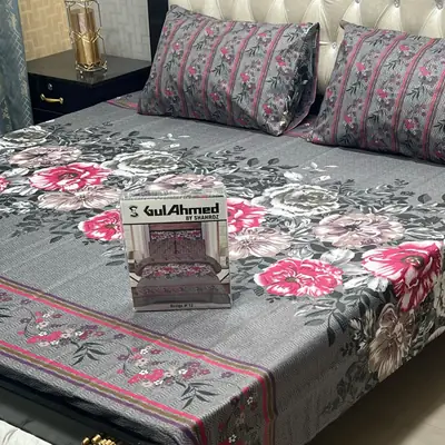 3 Pcs Cotton Printed Double Bedsheet