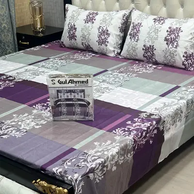 3 Pcs Cotton Printed Double Bedsheet
