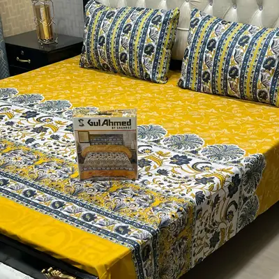 3 Pcs Cotton Printed Double Bedsheet