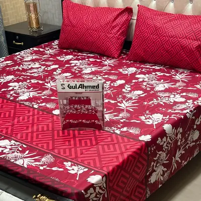 3 Pcs Cotton Printed Double Bedsheet