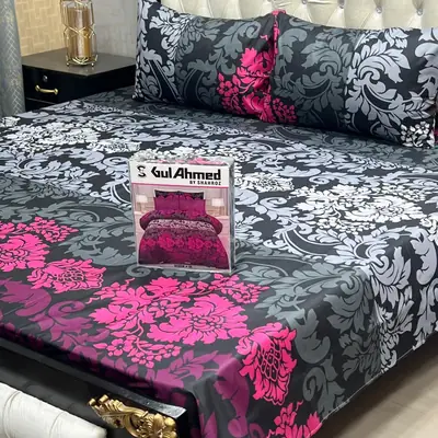3 Pcs Cotton Printed Double Bedsheet