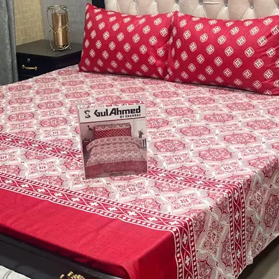3 Pcs Cotton Printed Double Bedsheet