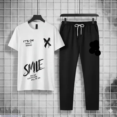 Men Printed Track Suit White Black Micro Interlock