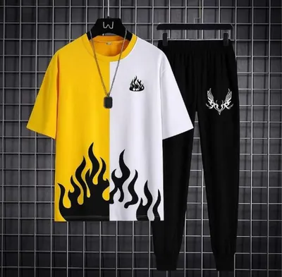 Men Flame Print Track Suit Yellow White Black Micro Interlock thumbnail 4