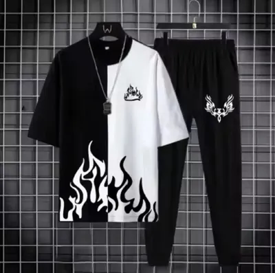 Black Flame Print Track Suit for Men Micro Interlock thumbnail 3