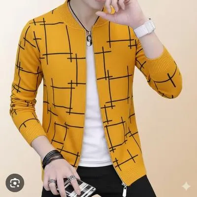 Men Yellow Graphic Fleece Jacket Slim Fit