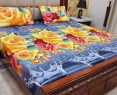 3 Pcs Crystal Cotton Printed Double Bedsheet