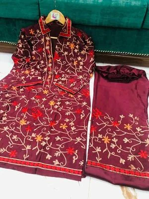 2 Pcs Women's Stitched Katan Silk Embroidered Shirt And Trouser thumbnail 2
