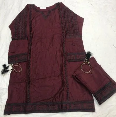 2 Pcs Women's Stitched Linen Embroidered Shirt And Trouser thumbnail 2