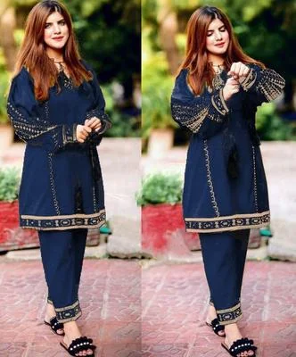2 Pcs Women's Stitched Linen Embroidered Shirt And Trouser