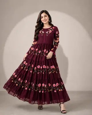 1 Pc Women's Stitched Chiffon Embroidered Maxi