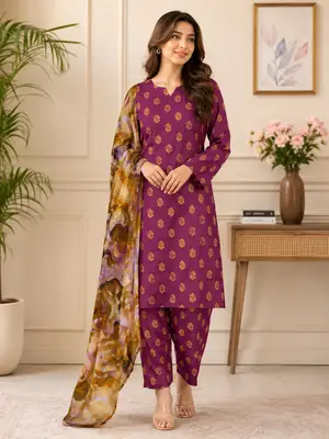 3 Pcs Women's Stitched Printed Suit 