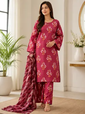 3 Pcs Women's Stitched Printed Suit 