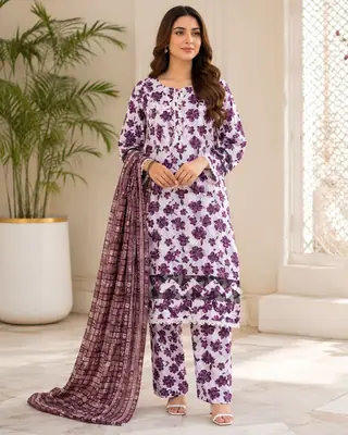 3 Pcs Women's Stitched Fancy Tissue Work Printed Suit