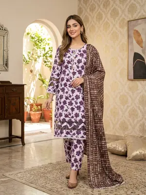 3 Pcs Women's Stitched Fancy Tissue Work Printed Suit thumbnail 2