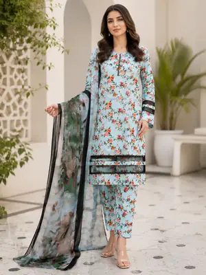 3 Pcs Women's Stitched Fancy Tissue Work Printed Suit