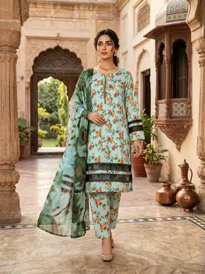 3 Pcs Women's Stitched Fancy Tissue Work Printed Suit thumbnail 2