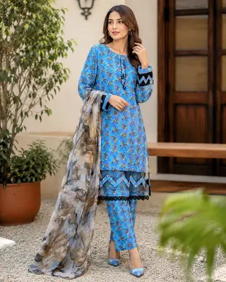 3 Pcs Women's Stitched Fancy Tissue Work Printed Suit