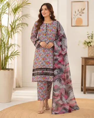 3 Pcs Women's Stitched Fancy Tissue Work Printed Suit