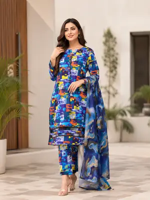 3 Pcs Women's Stitched Fancy Tissue Work Printed Suit