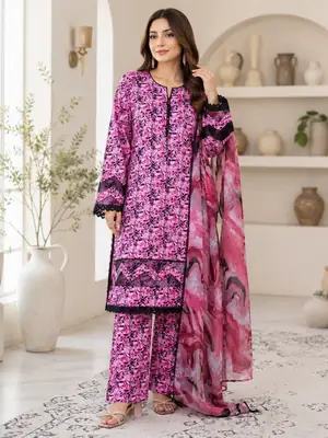 3 Pcs Women's Stitched Tissue Lace Work Fancy Suit