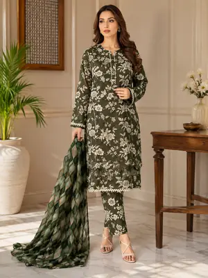 3 Pcs Women's Stitched Tissue Lace Work Fancy Suit