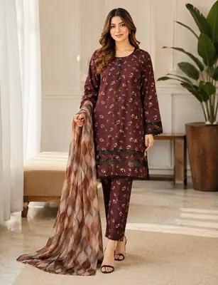 3 Pcs Women's Stitched Tissue Lace Work Fancy Suit