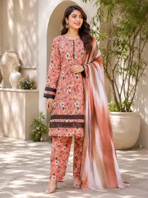 3 Pcs Women's Stitched Tissue Lace Work Fancy Suit
