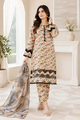3 Pcs Women's Stitched Tissue Lace Work Fancy Suit