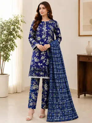 3 Pcs Women's Stitched Lace Tissue Work Suit