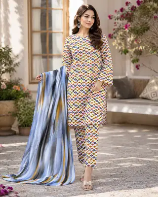 3 Pcs Women's Stitched Printed Suit