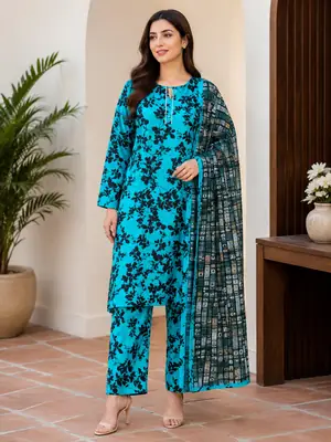 3 Pcs Women's Stitched Cotton Lawn Printed Suit