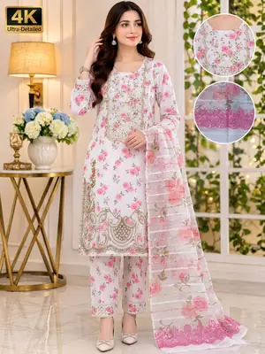 Lakhany 03 Piece stitched Printed Embroidered with Patch Work Printed Organza Dupatta Dress